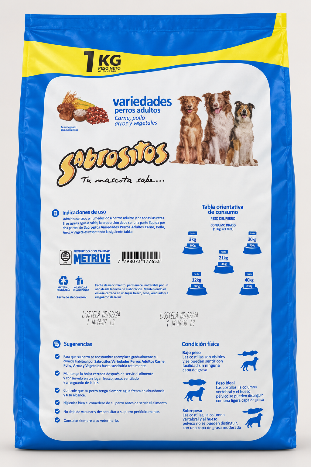 Back of Sabrositos Variedades package with feeding directions and body condition guide