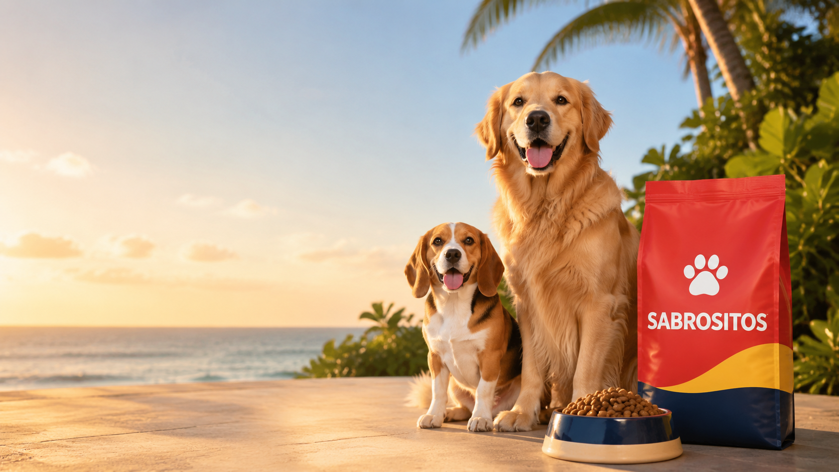Two happy dogs beside a bag of Sabrositos and a bowl of kibble