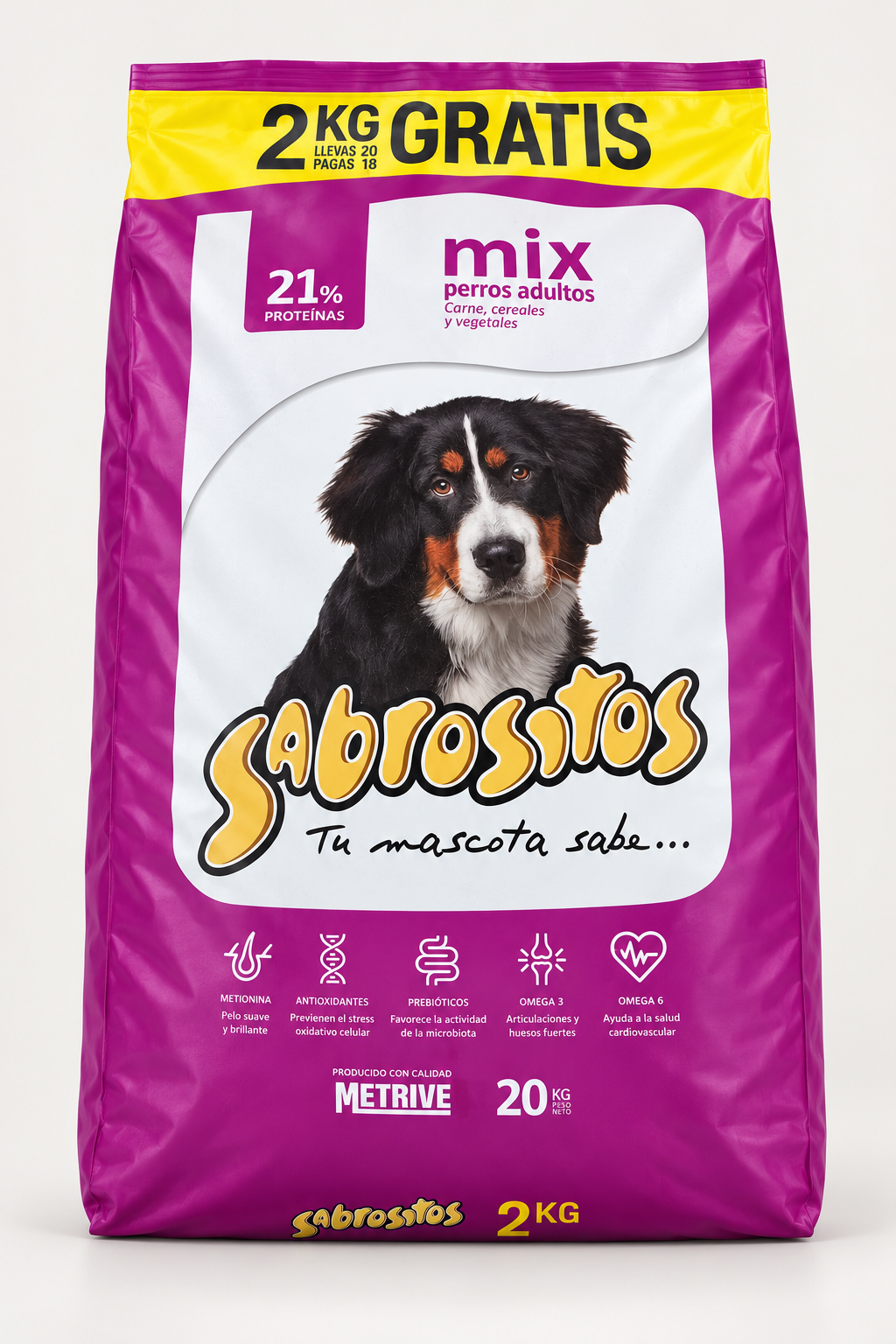 Purple Sabrositos Mix dog food bag for adult dogs, 20 kilograms