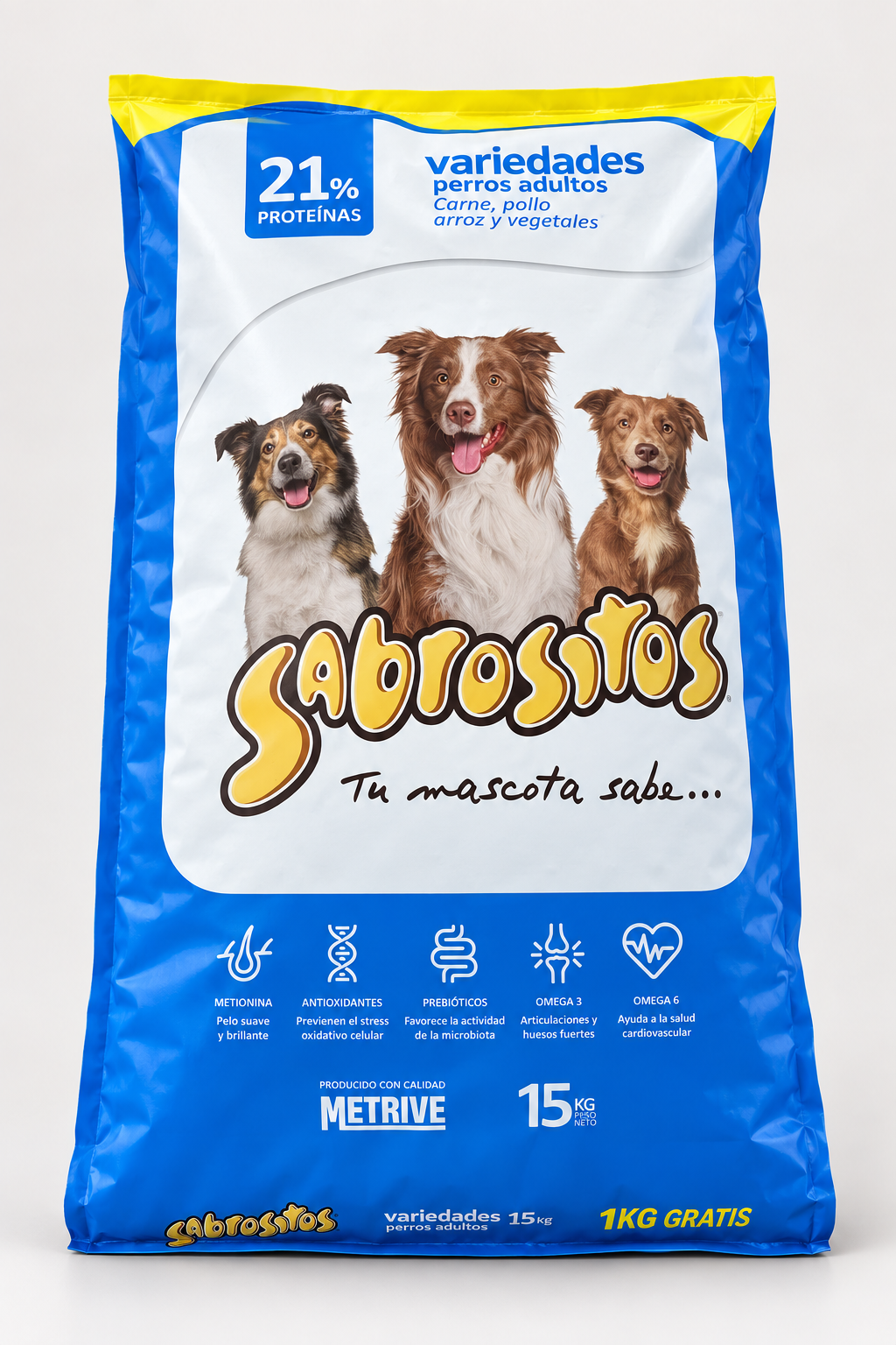 Blue Sabrositos Variedades dog food bag for adult dogs, 15 kilograms
